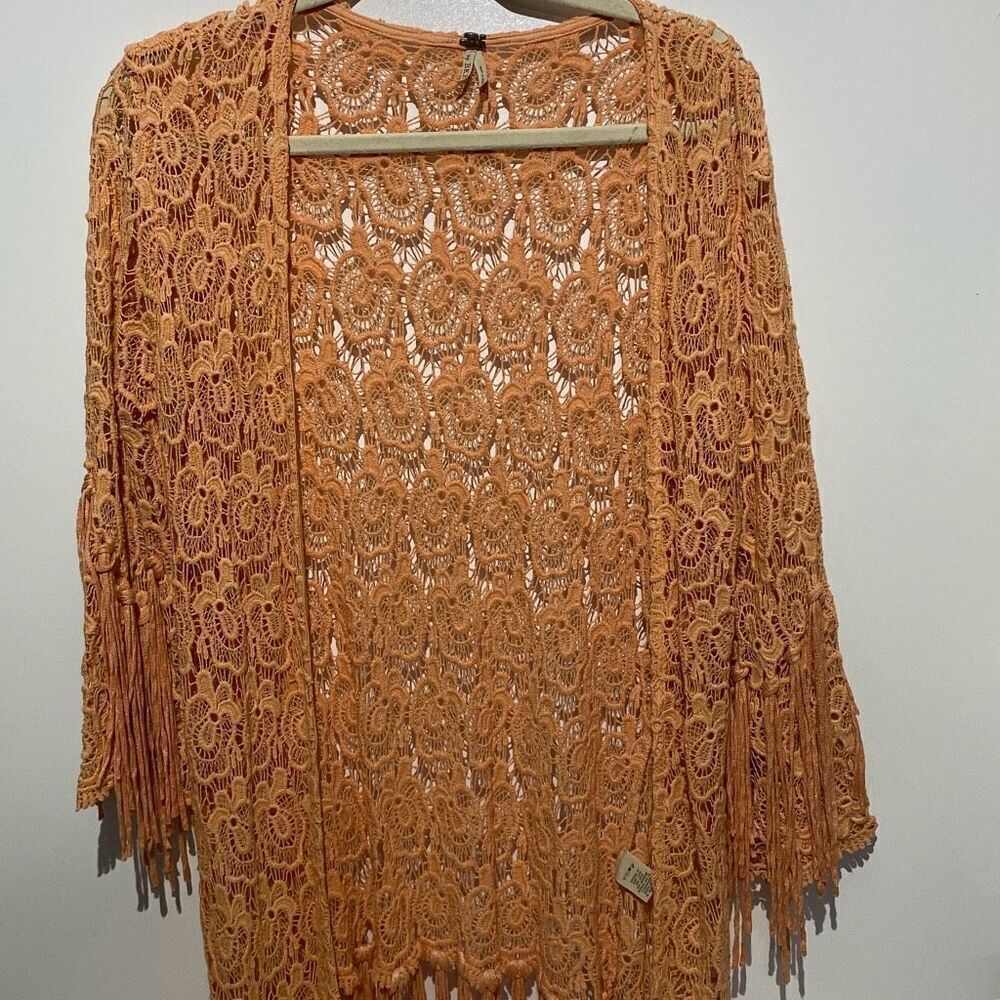 BKE Orange Crochet Lace Fringe Cardigan Small‎ Boho Open Front Shrug GMKR14343